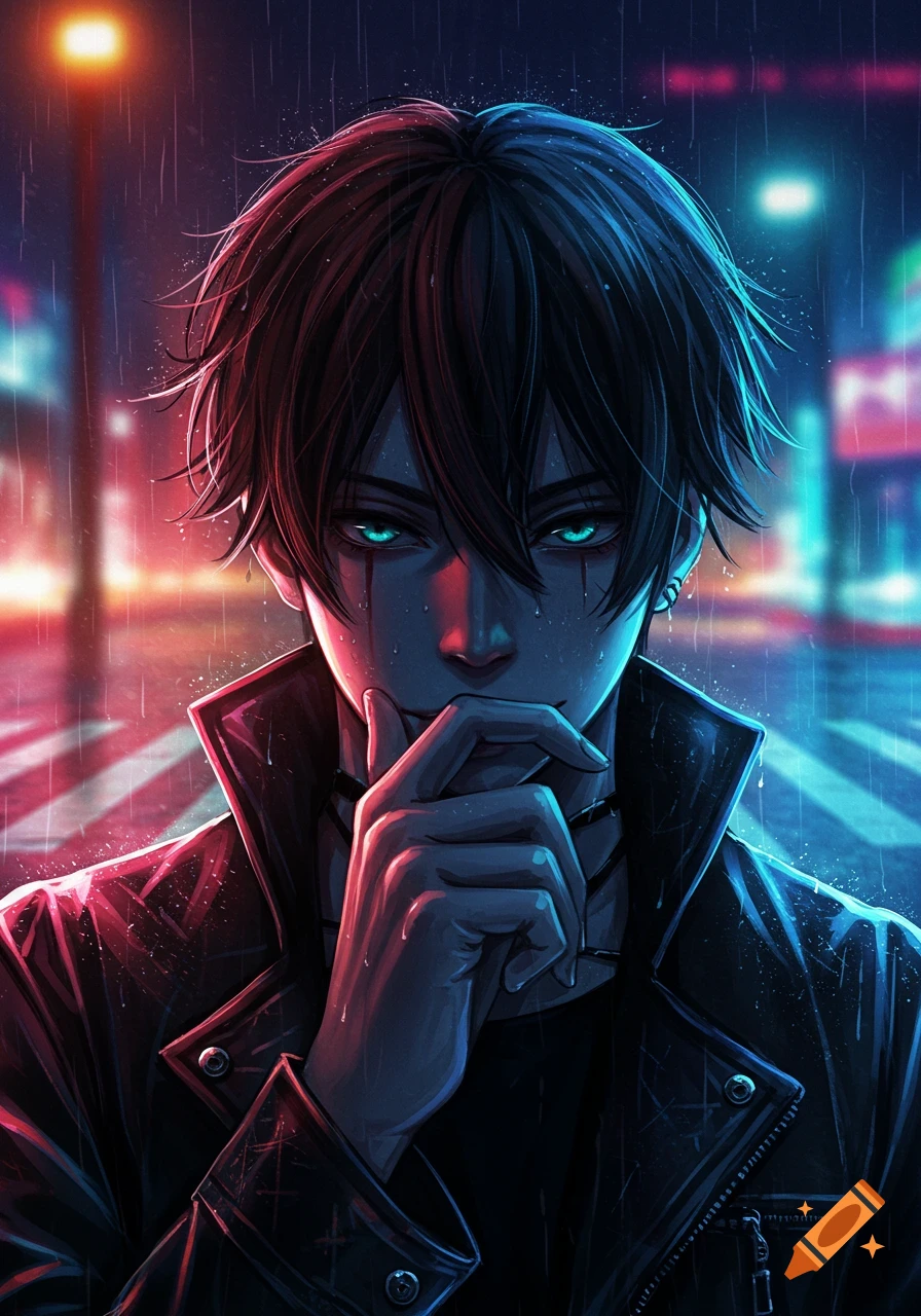 Anime guy with dark hair and glowing green eyes, wearing a leather jacket in the rain, with neon city lights in the background.