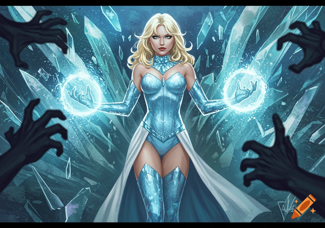 Blonde female superhero in a blue costume with ice powers, surrounded by glowing ice shards and shadowy hands, in a comic art style.