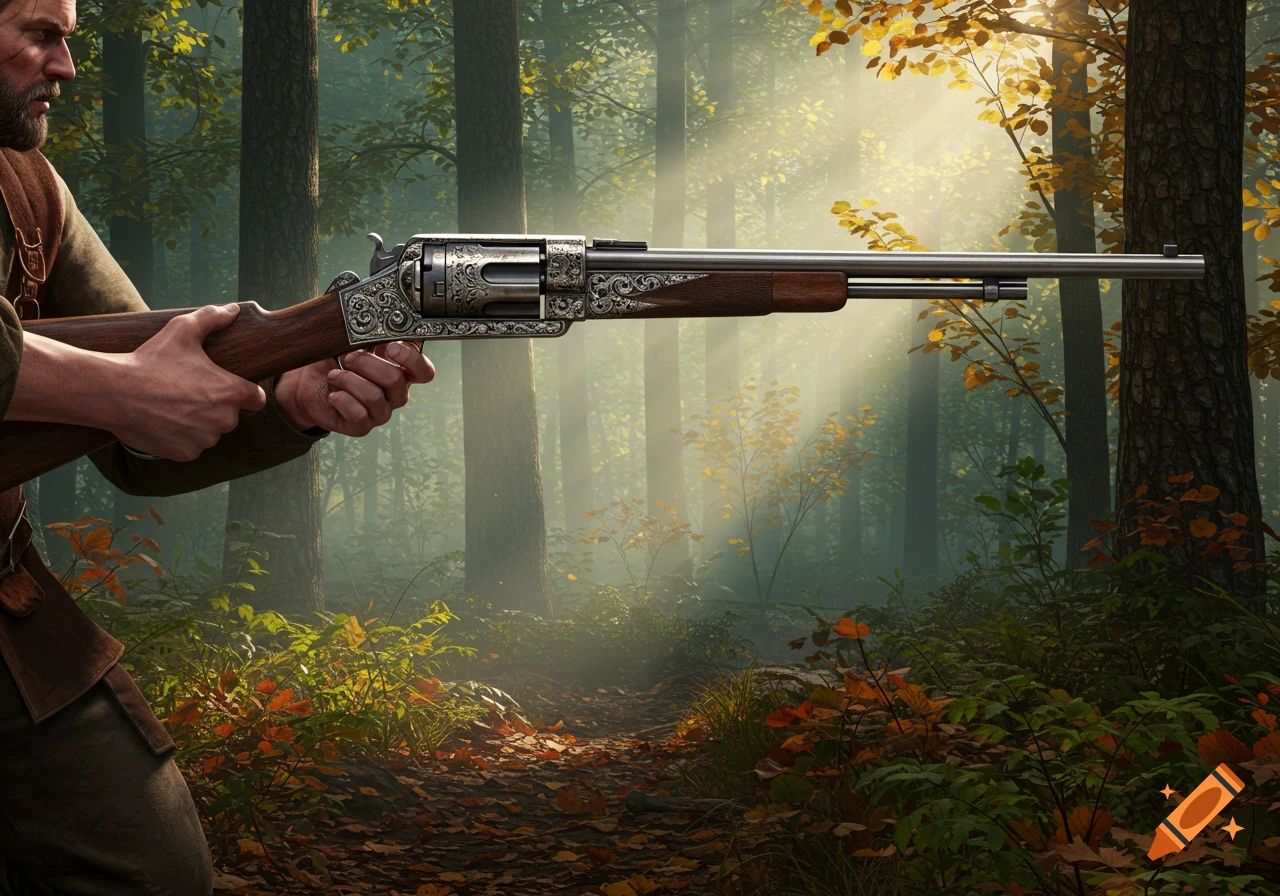 A man holds an ornate rifle with a long barrel, aiming in a sun-dappled forest with autumn leaves.