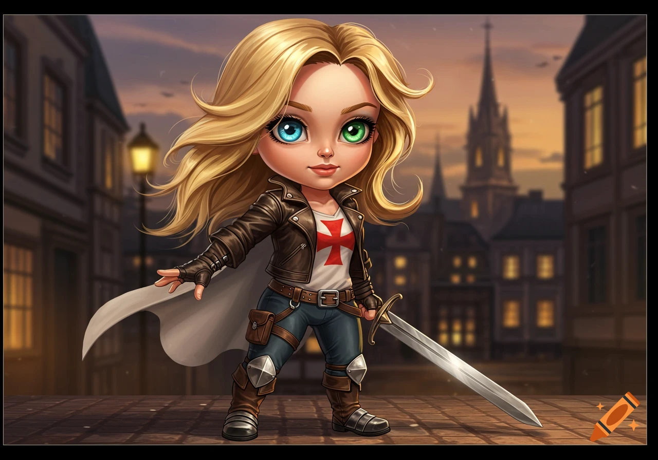 Cute blonde female chibi knight with heterochromia, wearing a leather jacket and holding a sword on a city street at dusk.