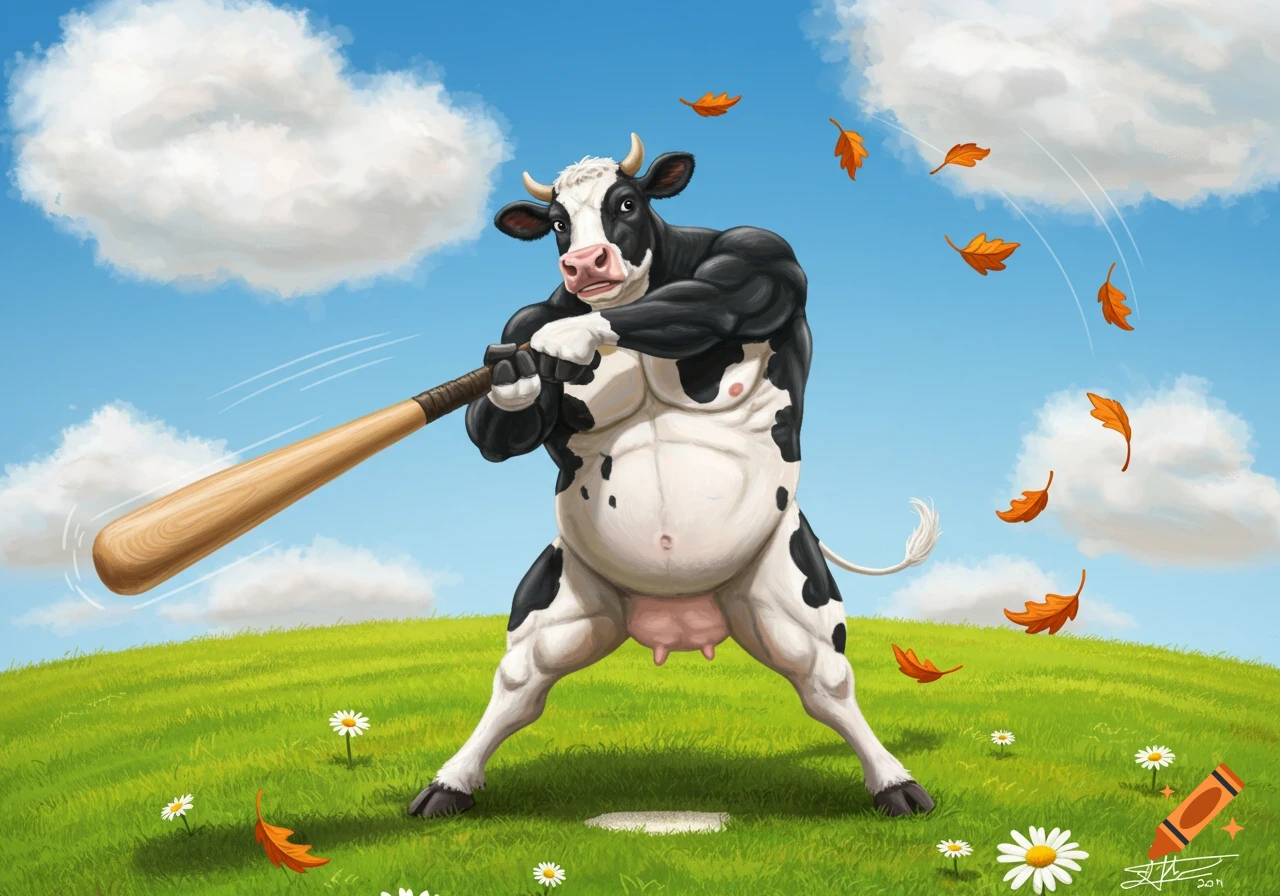 A muscular cow stands on a green field, swinging a baseball bat under a blue sky with clouds and falling autumn leaves in a cartoon style.
