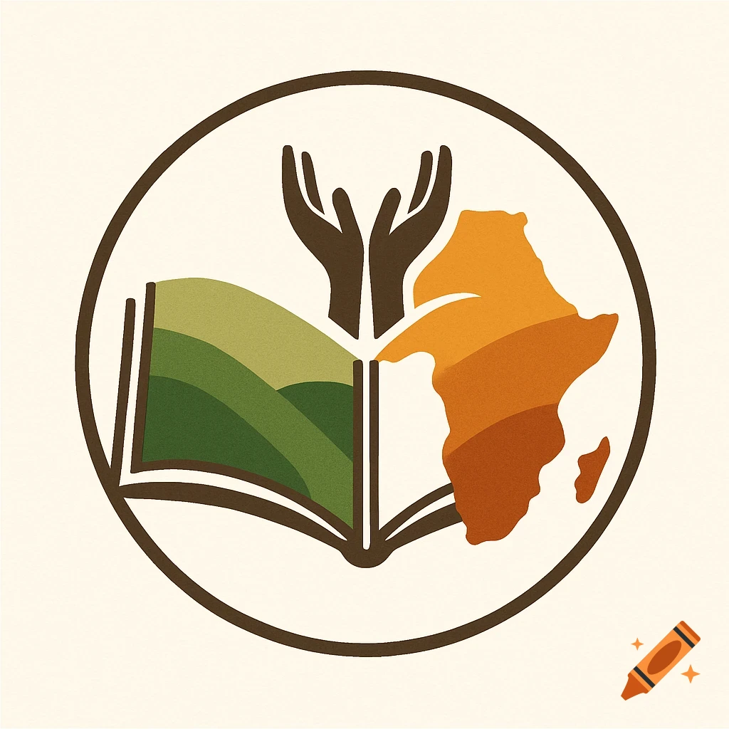 Logo with an open book, hands, and a map of Africa within a circle.