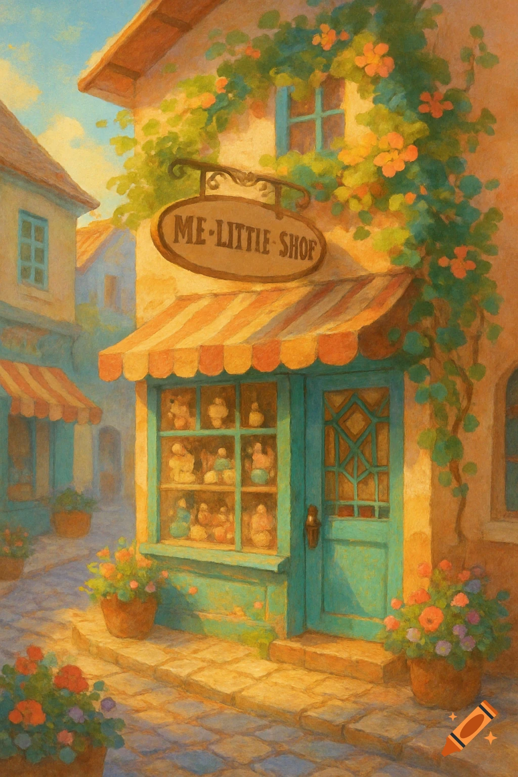 A quaint, colorful shop with an awning and a sign, surrounded by flowers, in a painting style.