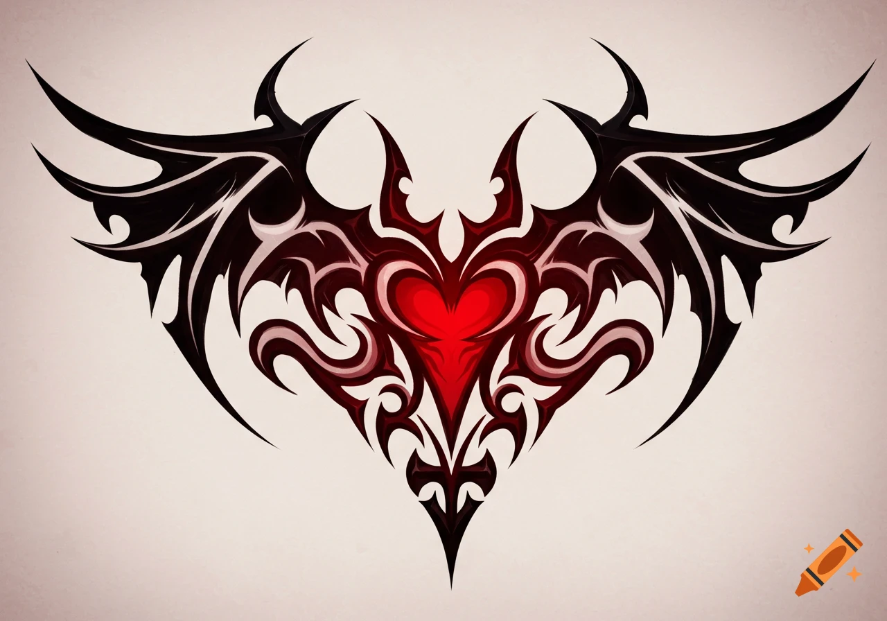 Symmetrical black and red tribal tattoo design featuring a stylized heart framed by abstract wing shapes.
