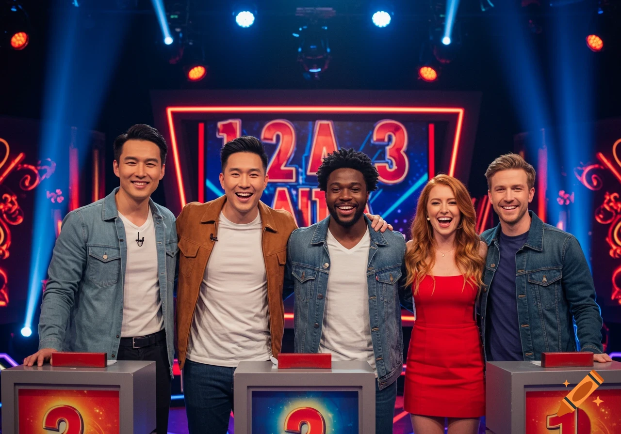 Five smiling game show contestants, four men and one woman, stand on a brightly lit stage with numbers in the background.