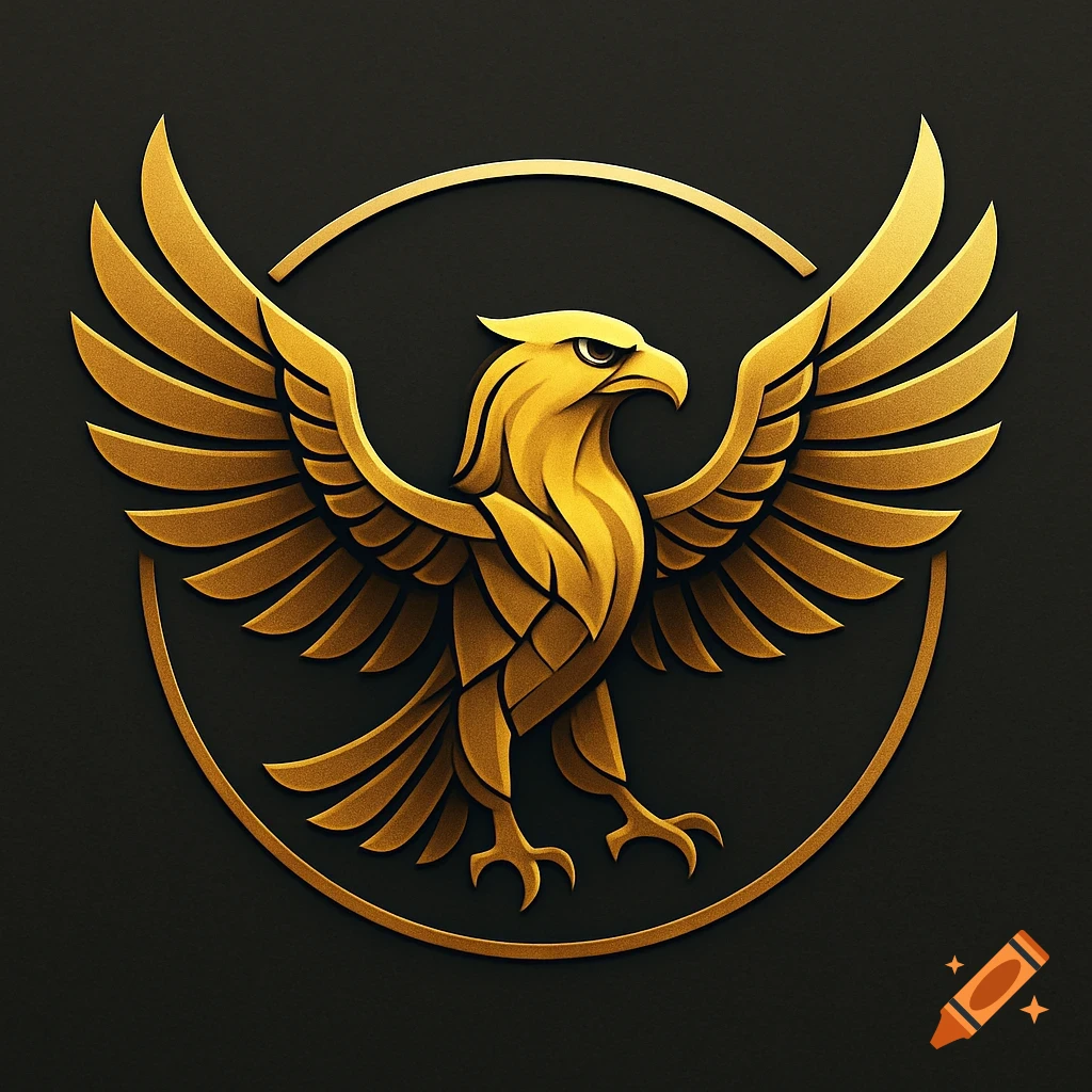 A detailed golden eagle logo with outstretched wings within a circular border on a dark background.