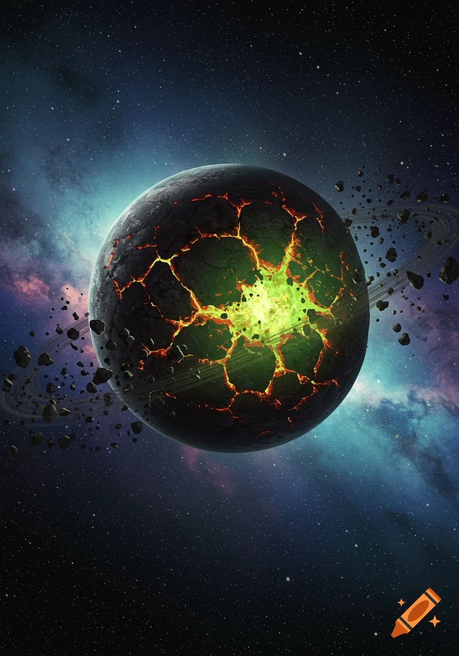A dark, cracked planet with glowing green and orange fissures and an orbiting ring of debris, against a starry, nebulous space background.