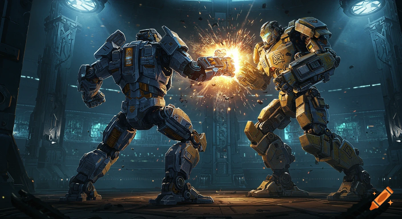 Two futuristic battle robots clash in a dark, high-tech arena, surrounded by sparks and debris, in a dramatic, cinematic style.