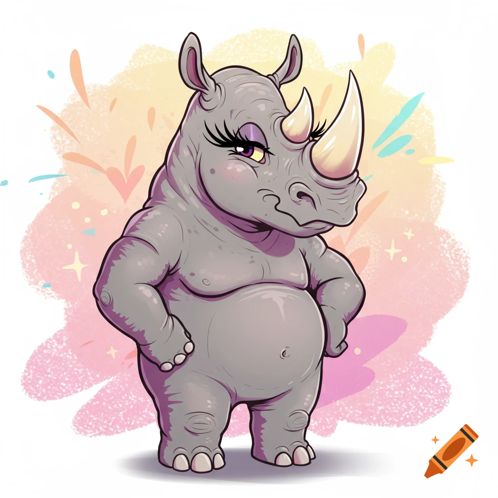 A sassy cartoon rhinoceros standing upright with a confident smirk, long eyelashes, and one hand on its hip, on a colorful background.