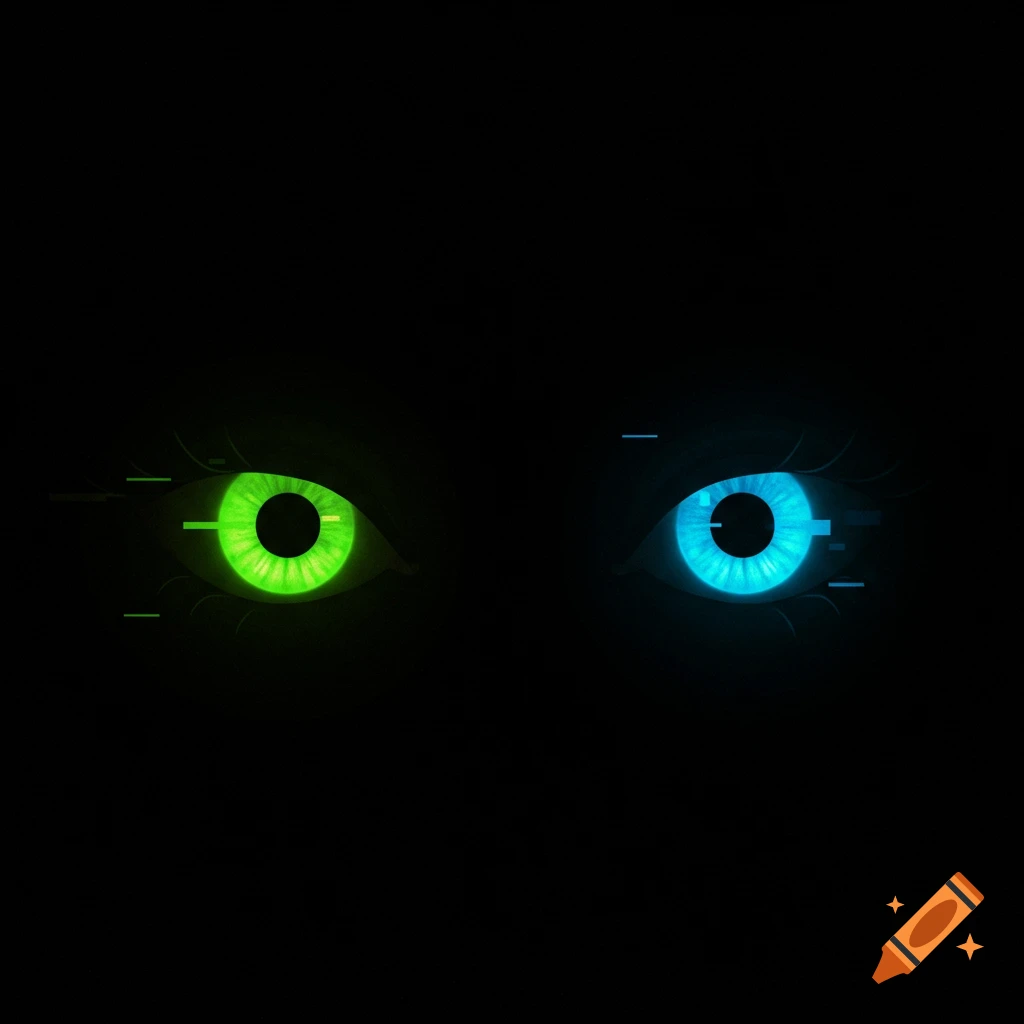 Two minimalist glowing eyes, one green and one blue, in a dark void with subtle digital glitch effects.