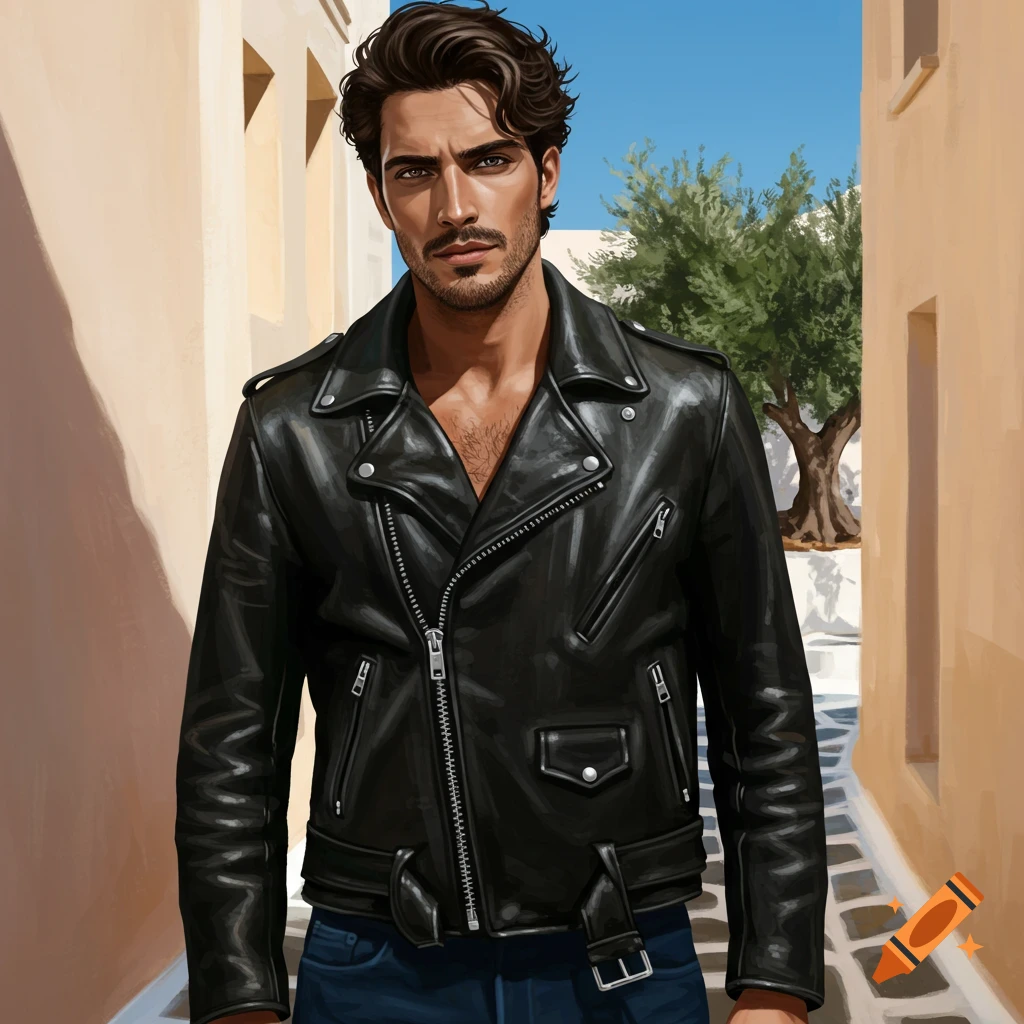 Digital art portrait of a man in a black leather motorcycle jacket standing in a sunny, narrow street.