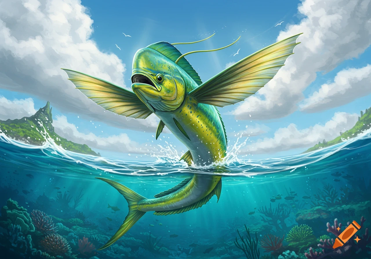 A vibrant, stylized green and yellow fish with large fins leaps out of clear blue ocean water over a coral reef.
