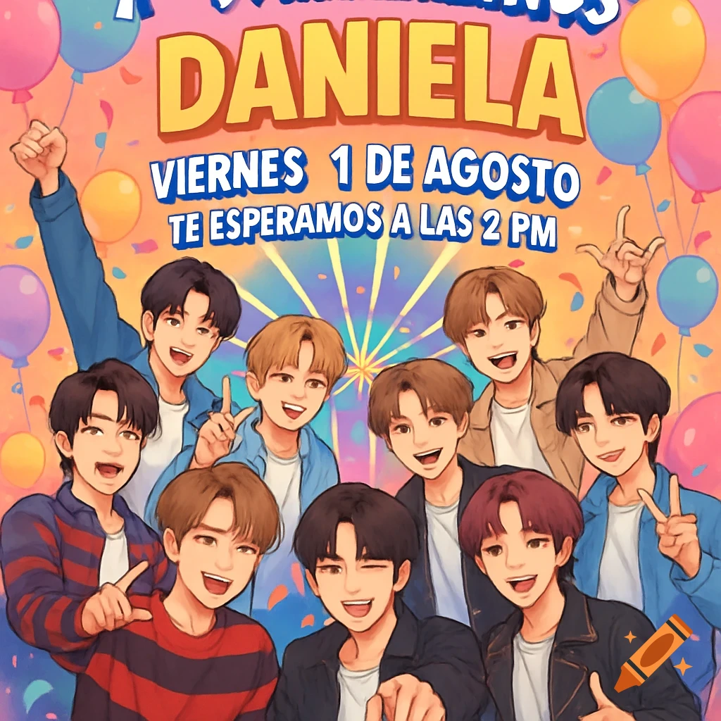 An animated birthday invitation features a group of eight smiling male characters, similar to K-pop idols, surrounded by balloons and confetti. Text reads 'DANIELA, VIERNES 1 DE AGOSTO, TE ESPERAMOS A LAS 2 PM'.