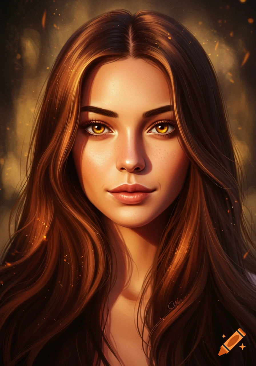 Close-up portrait of a woman with long wavy brown hair, golden eyes, and full lips, against a warm, glowing background in a digital art style.