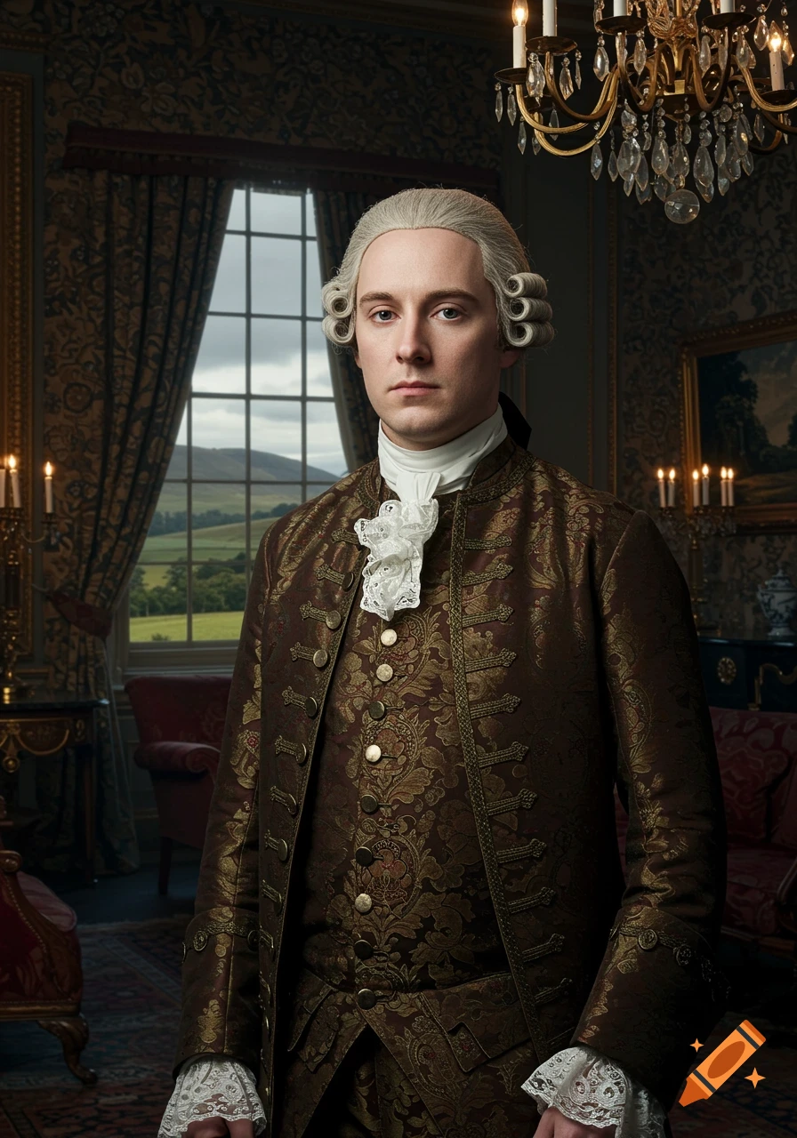 A photorealistic portrait of a man in 18th-century noble attire and powdered wig, standing in a grand room with a window view of a green landscape.