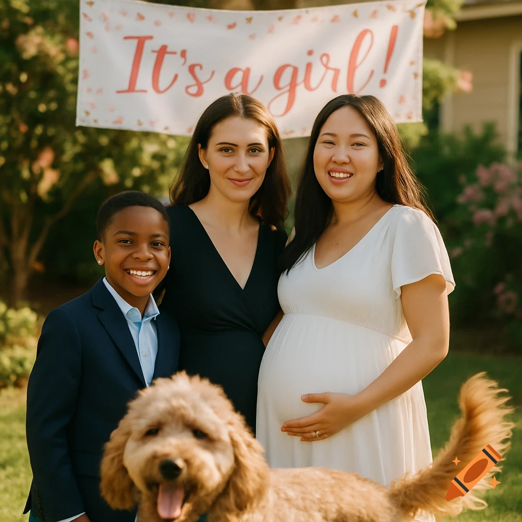 A family and their Golden Doodle dog pose outdoors beneath an 'It's a girl!' banner for a baby announcement. Photorealistic.