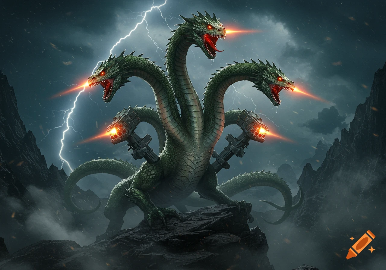 A multi-headed green Hydra with glowing red eyes and weapons firing orange beams on its body, standing on rocks under a stormy sky with lightning.