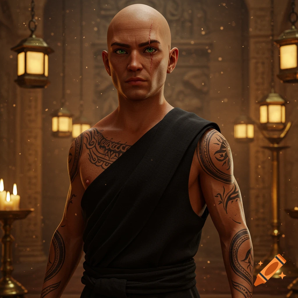 Photorealistic portrait of a bald man with green eyes and a scar, wearing a black monk robe, in a temple.