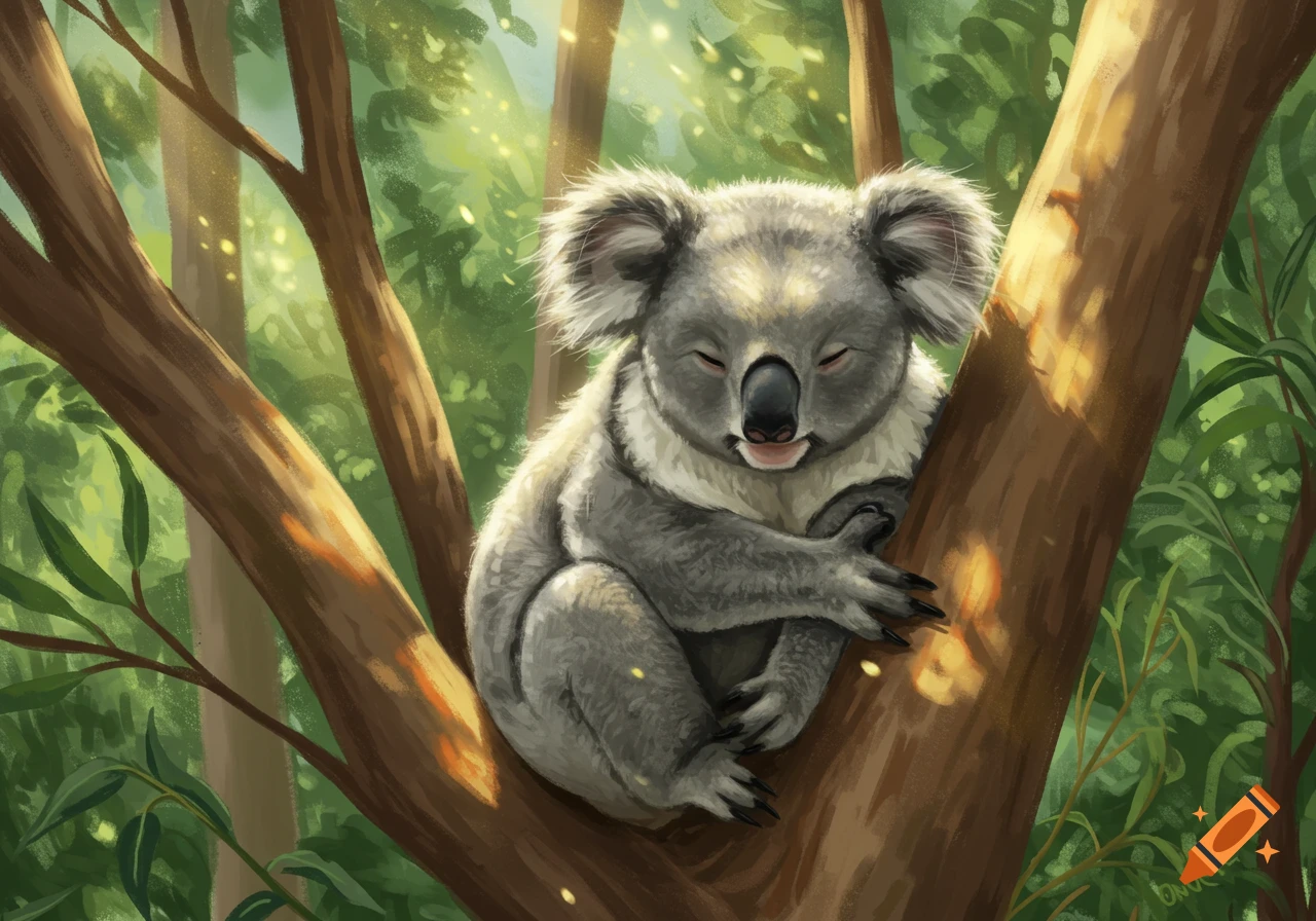 A gray koala with closed eyes sleeps peacefully in the crook of a brown tree, surrounded by green foliage and sunlight.