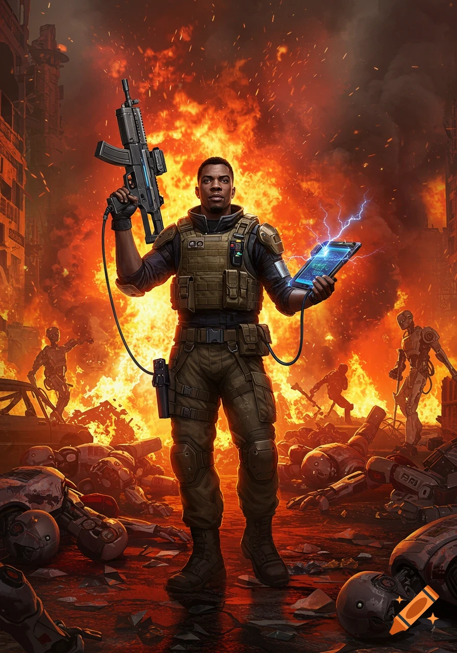 A futuristic soldier holds a rifle and a glowing tablet amid burning city ruins and defeated robots.