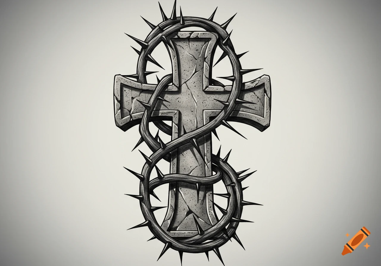 A stylized stone cross is entwined by a dark, thorny crown, rendered in a detailed, illustrative style on a plain background.