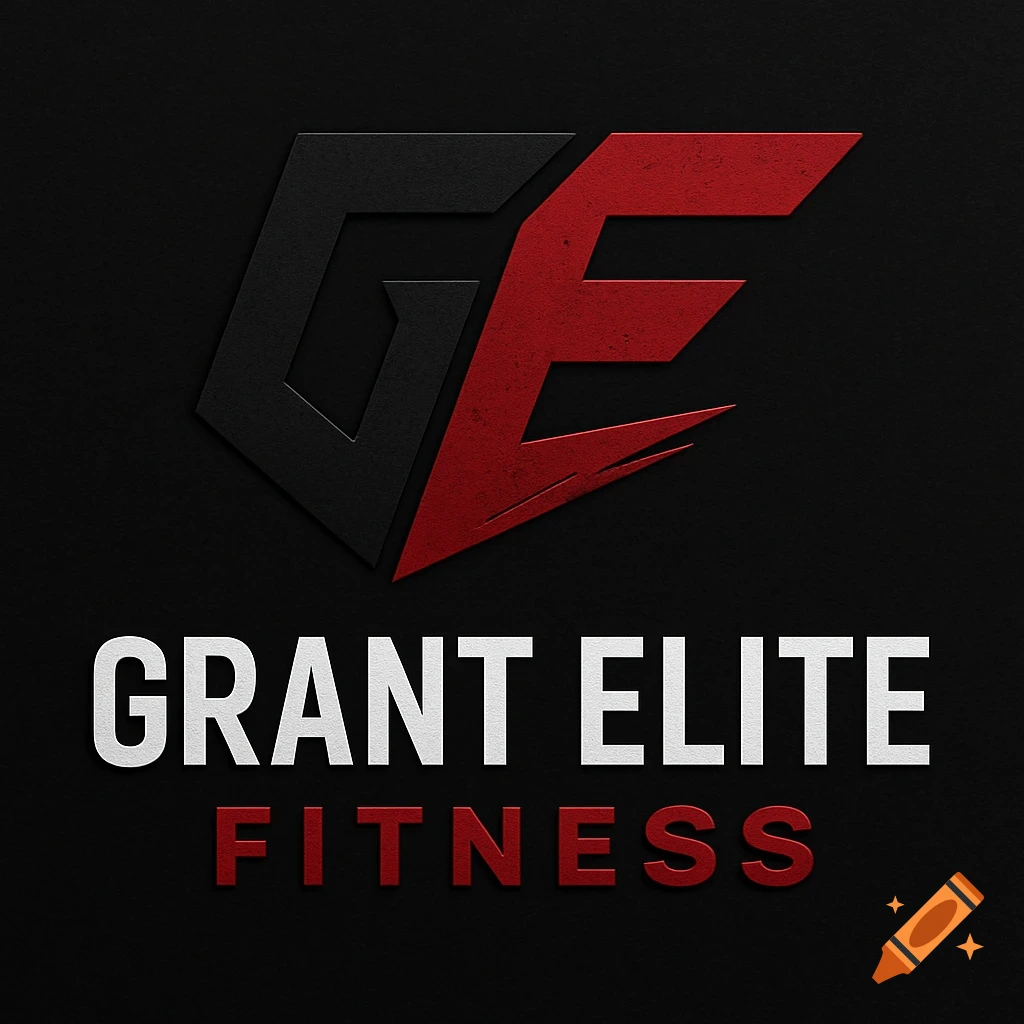 A modern fitness logo for 'Grant Elite Fitness' featuring a stylized GE monogram in black and deep red above the words 'GRANT ELITE' in white and 'FITNESS' in red, all on a dark background.