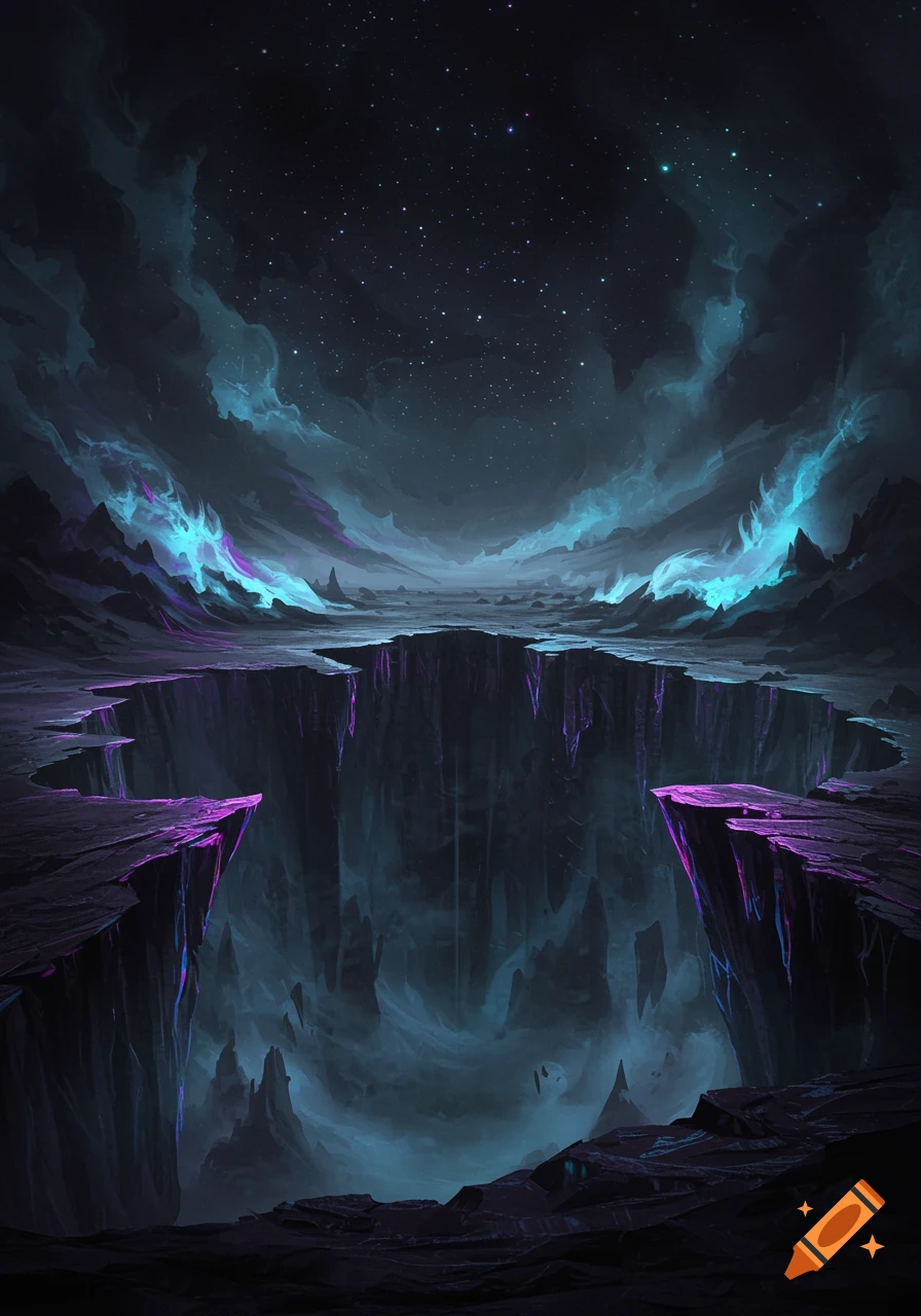 A dark, stylized landscape featuring a deep chasm with glowing purple and blue edges under a starry, cloudy night sky.