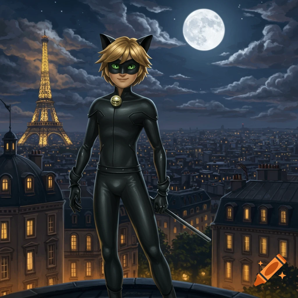 Stylized illustration of Cat Noir in a black catsuit and green mask on a Paris rooftop at night, with the Eiffel Tower and full moon.
