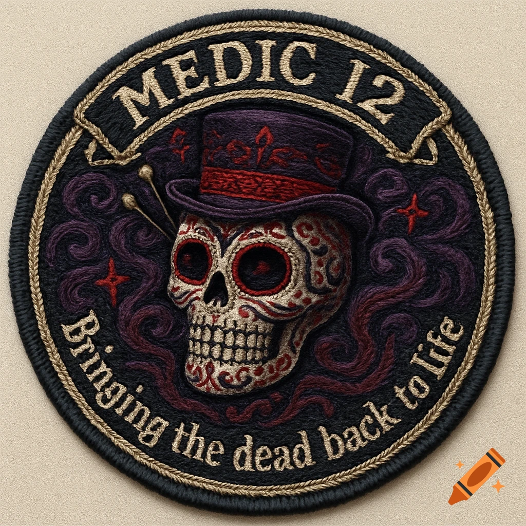 Circular embroidered patch with a sugar skull in a top hat and text 'MEDIC 12 Bringing the dead back to life'.