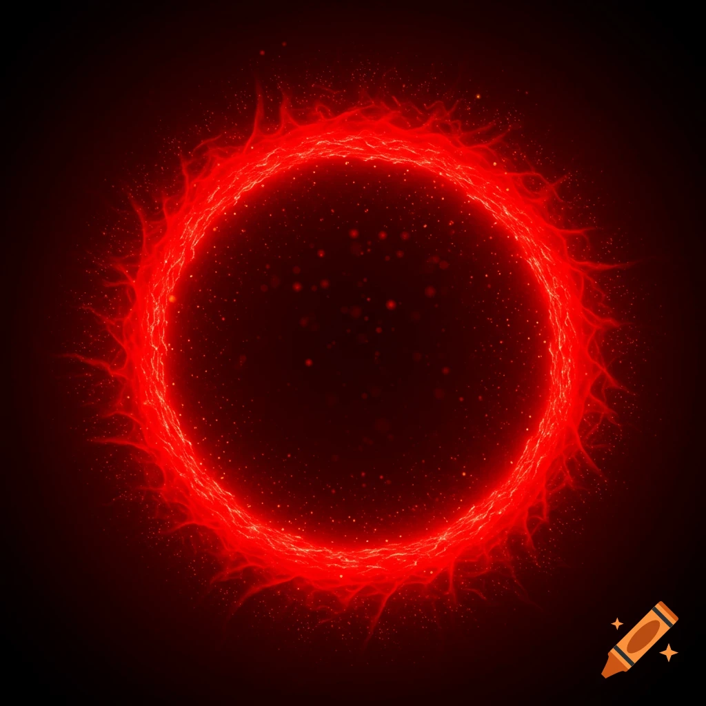 A vibrant red glowing ring, emitting fiery tendrils and sparkling particles, against a dark background.