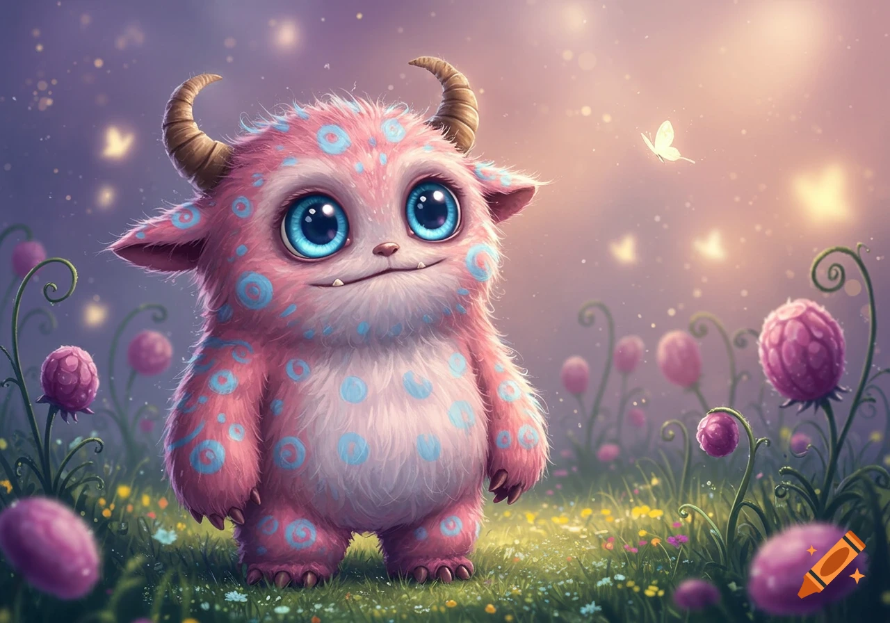 A cute, fluffy pink monster with blue spots and big blue eyes stands in a magical field with glowing flowers and butterflies.