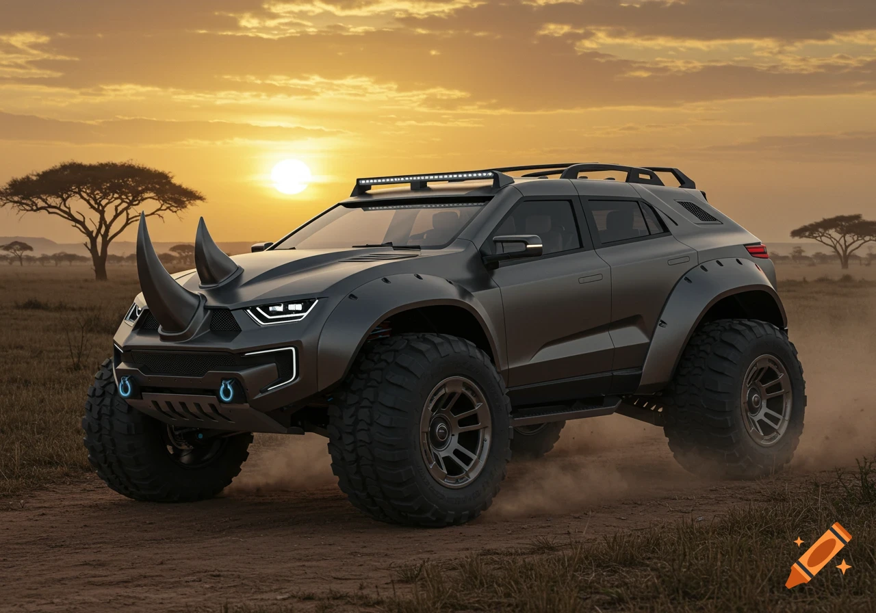 A photorealistic gray off-road concept vehicle with rhino horn features drives through a savanna at sunset.