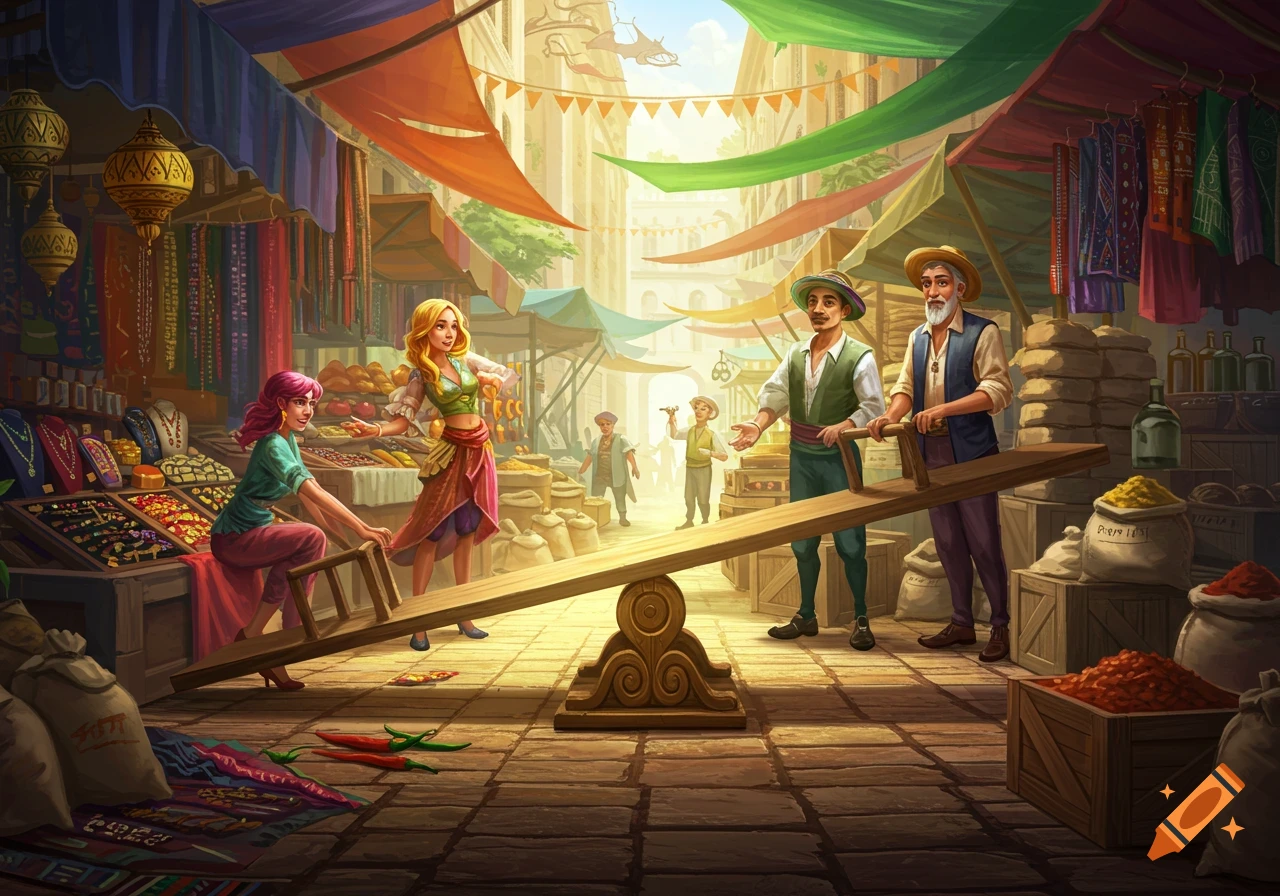 An animated marketplace scene features people around a large wooden seesaw, with colorful stalls, hanging fabrics, and various goods like spices and jewelry under a bright sky.