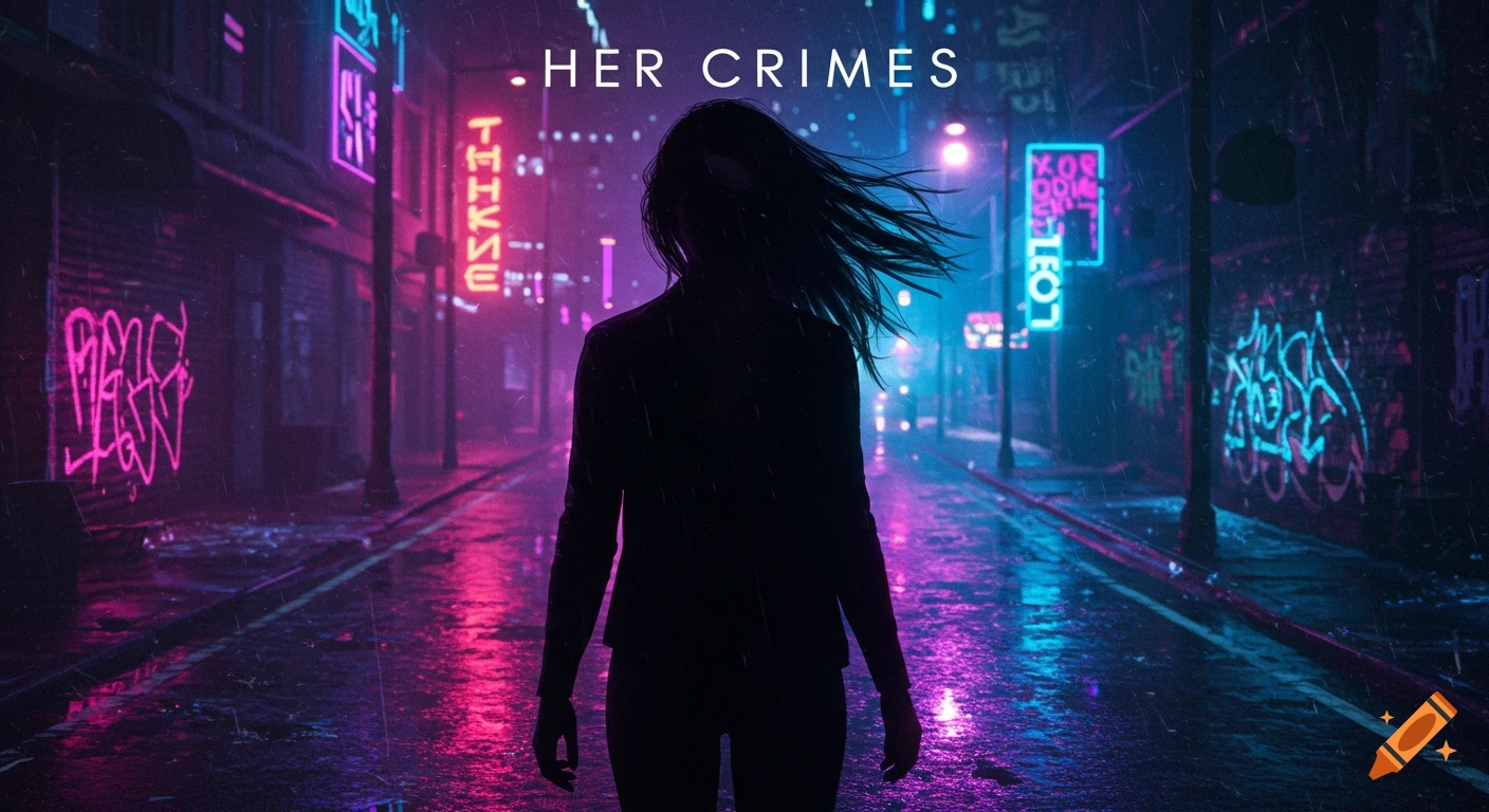 A silhouette of a person stands in the middle of a rainy, neon-lit cyberpunk street at night, with "HER CRIMES" text above them.