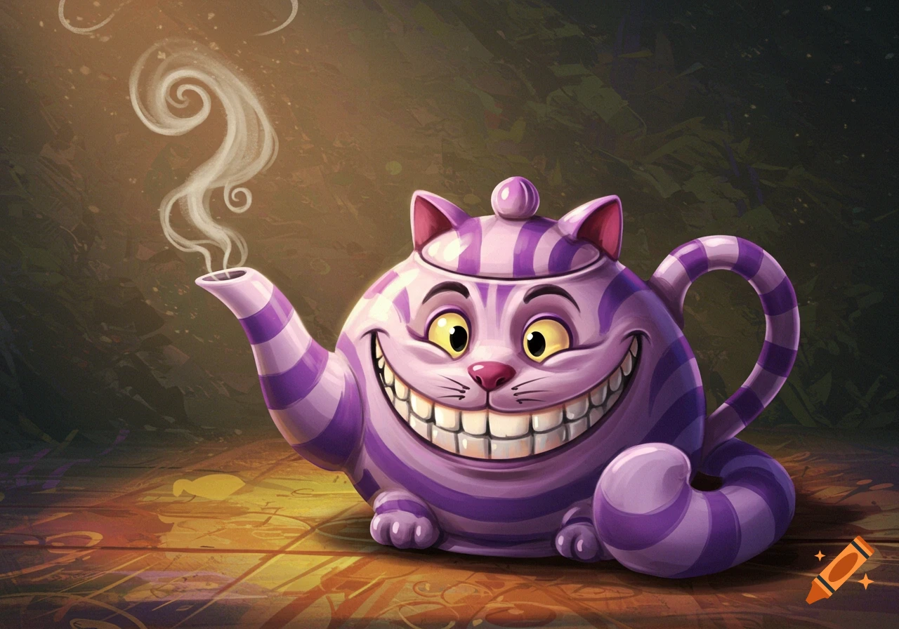 A whimsical purple and striped Cheshire Cat-inspired teapot with a wide grin, steaming from its spout, on a dark, patterned surface.