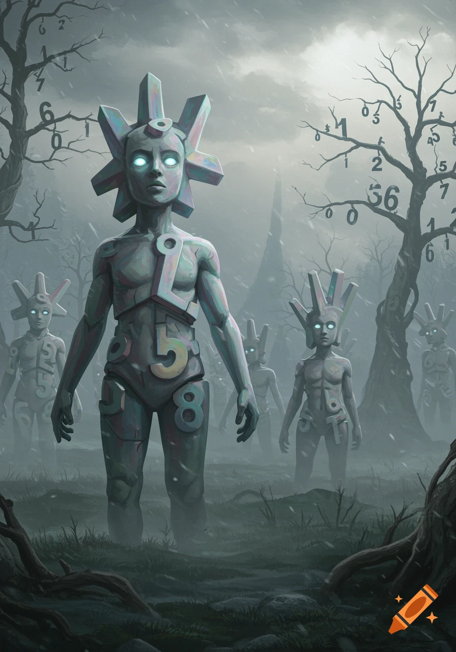 Stylized humanoid figures with numbers on their bodies and glowing eyes stand in a misty, dark forest with bare trees adorned with numbers.