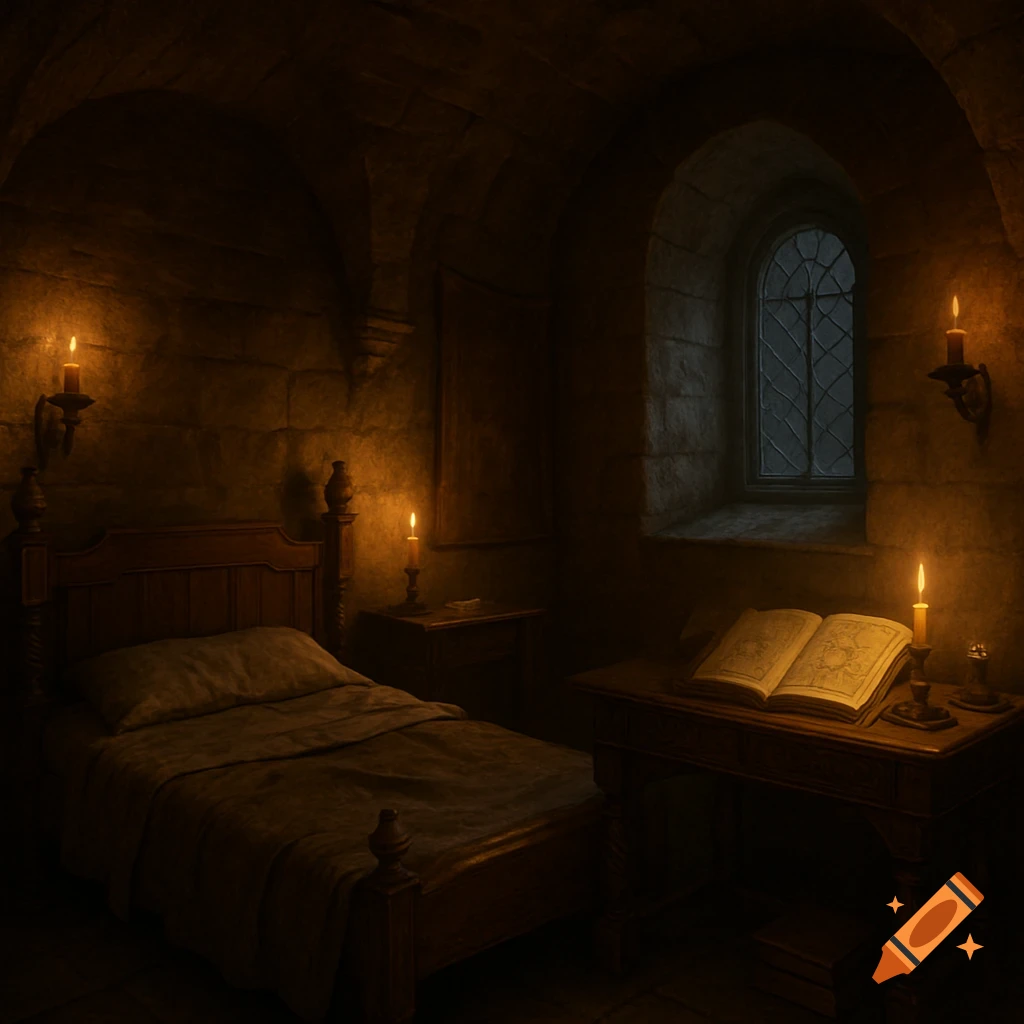 A dimly lit medieval room with a bed on the left and a desk with an open book and candles on the right, lit by candlelight from sconces and a window.