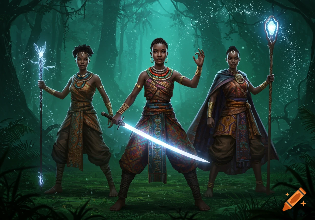 Three dark-skinned female warriors with glowing weapons stand in a magical forest. The central figure holds a glowing sword.