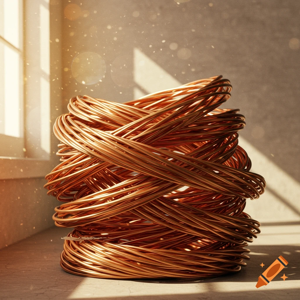 A coil of shiny copper wires bathed in warm sunlight, with dust motes floating in the air.