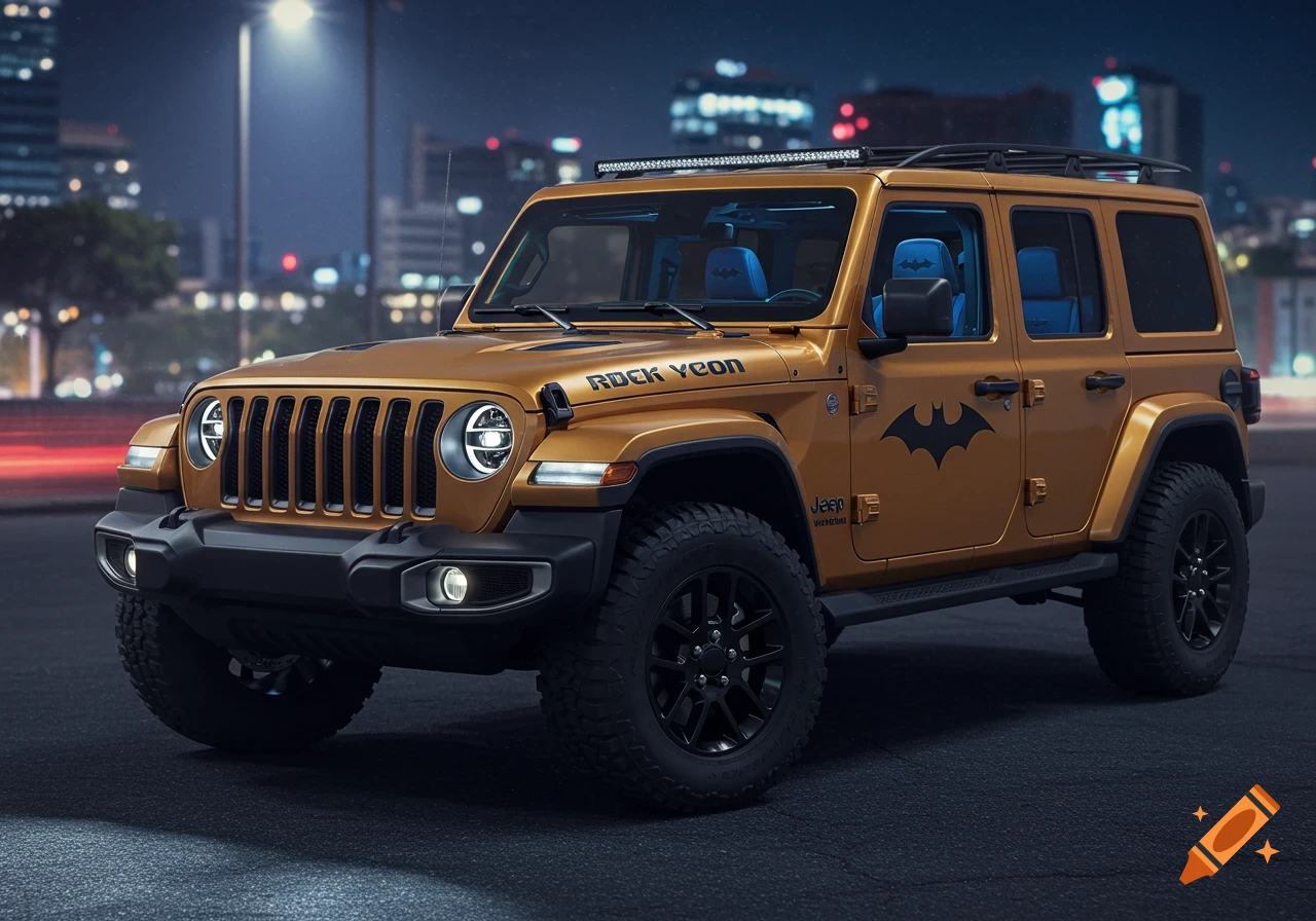 A golden Jeep Wrangler customized with a black Batman logo on the side and a light bar, parked at night in a city.
