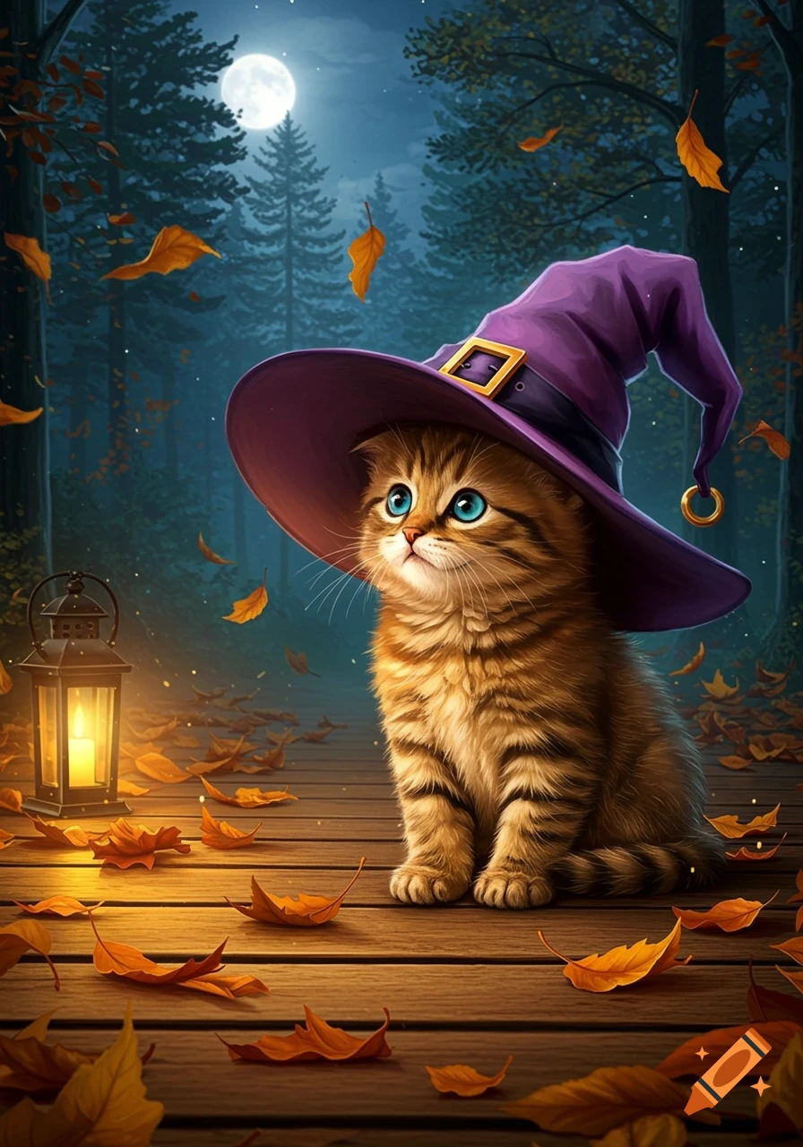 A cute tabby kitten wearing a purple witch hat sits on a wooden path with fallen autumn leaves, illuminated by a lantern under a full moon in a dark forest.