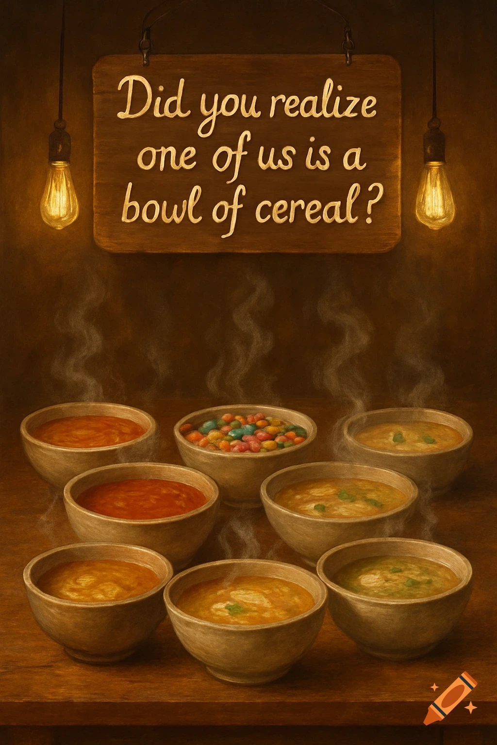 A wooden sign reads 'Did you realize one of us is a bowl of cereal?' above several steaming soup bowls and one bowl of colorful cereal on a table.