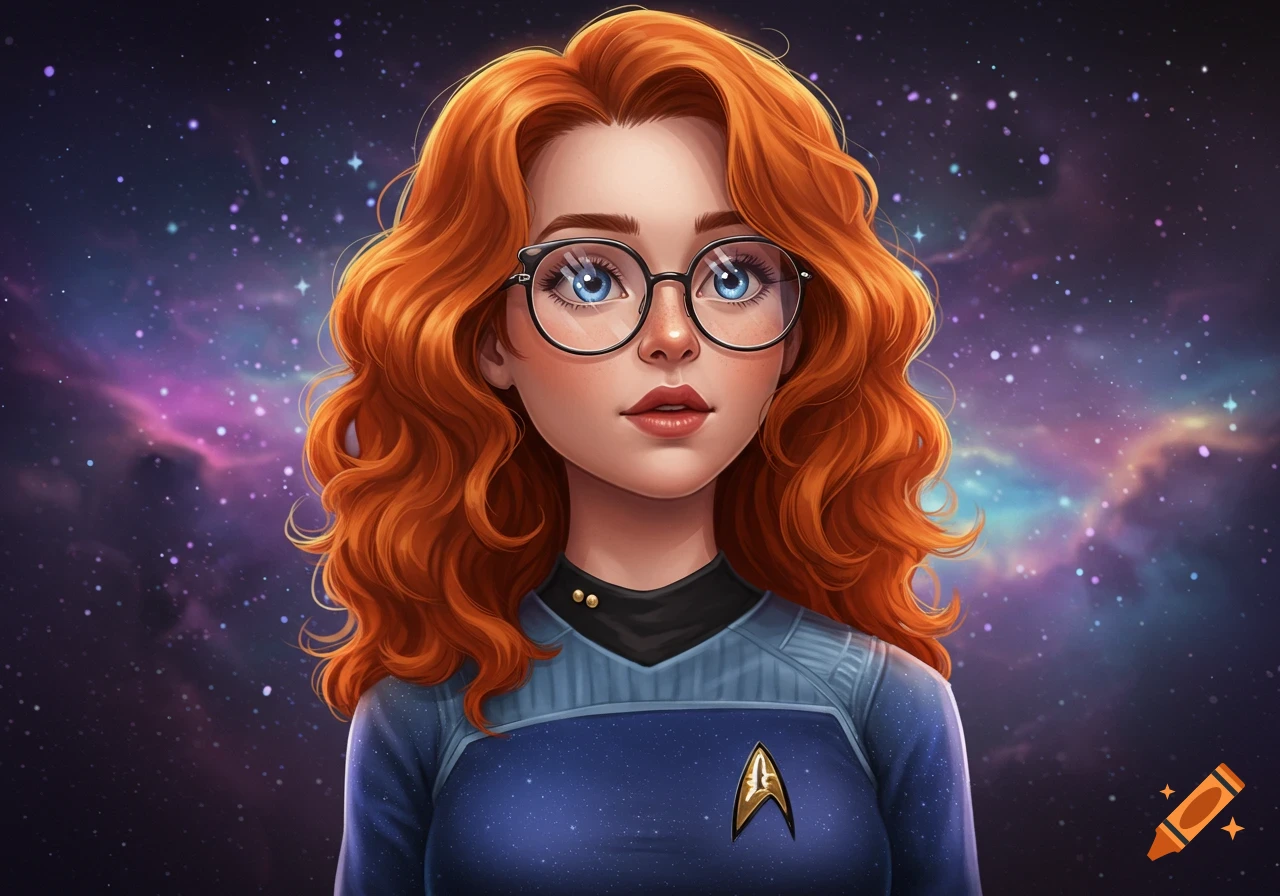 A cartoon portrait of a red-haired woman with glasses wearing a blue Starfleet-style uniform against a starry space background.