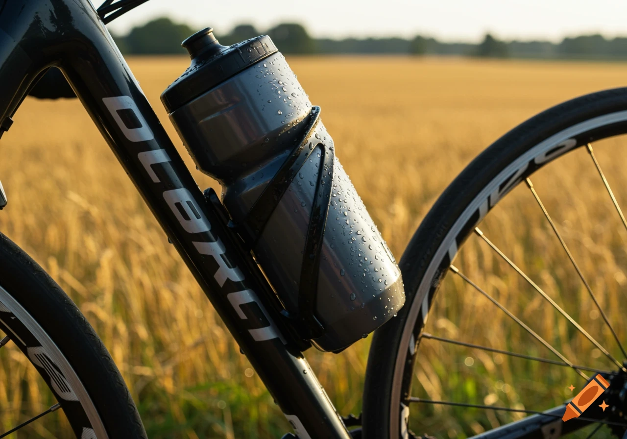 Close-up of a bicycle frame with a wet water bottle attached, against a golden field at sunset.