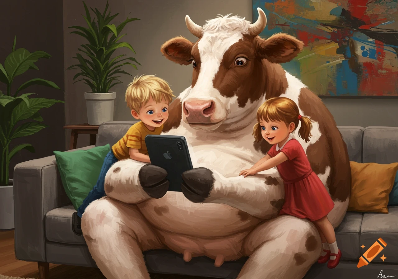 A huge cartoon cow sits on a sofa with a boy and a girl, all looking at a tablet with an Apple logo.