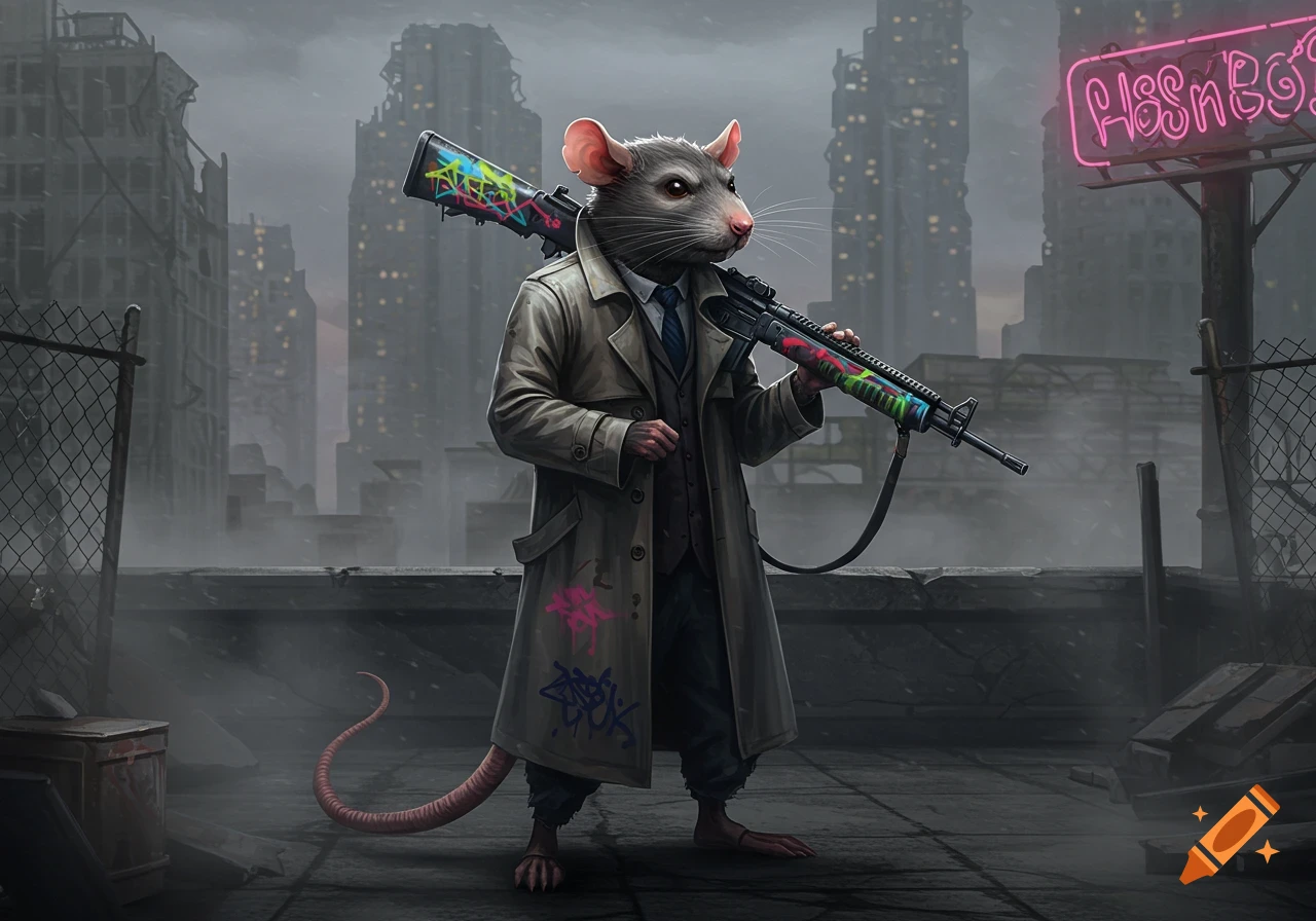 A rat in a trench coat holds a spray-painted rifle, standing on a rooftop in a ruined, dystopian city under a glowing neon sign.