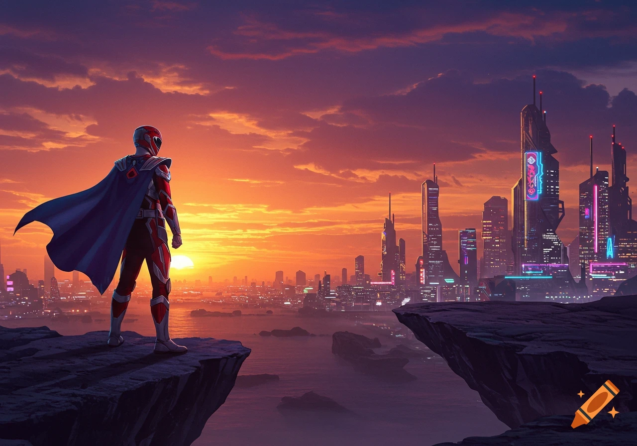 A superhero in red and blue armor stands on a cliff overlooking a futuristic cityscape at sunset.