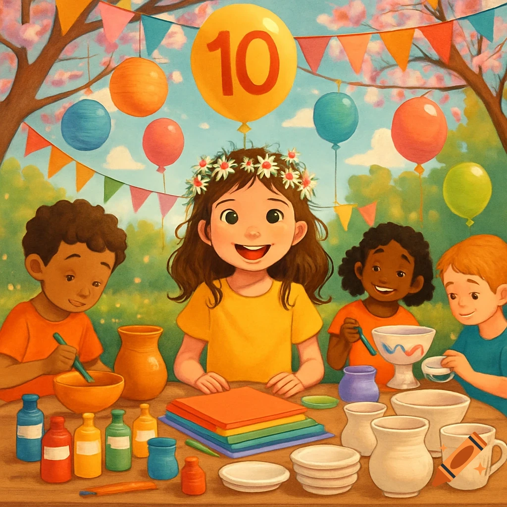 Four diverse children smiling and engaging in arts, crafts, and pottery activities outdoors with a "10" balloon and festive banners.