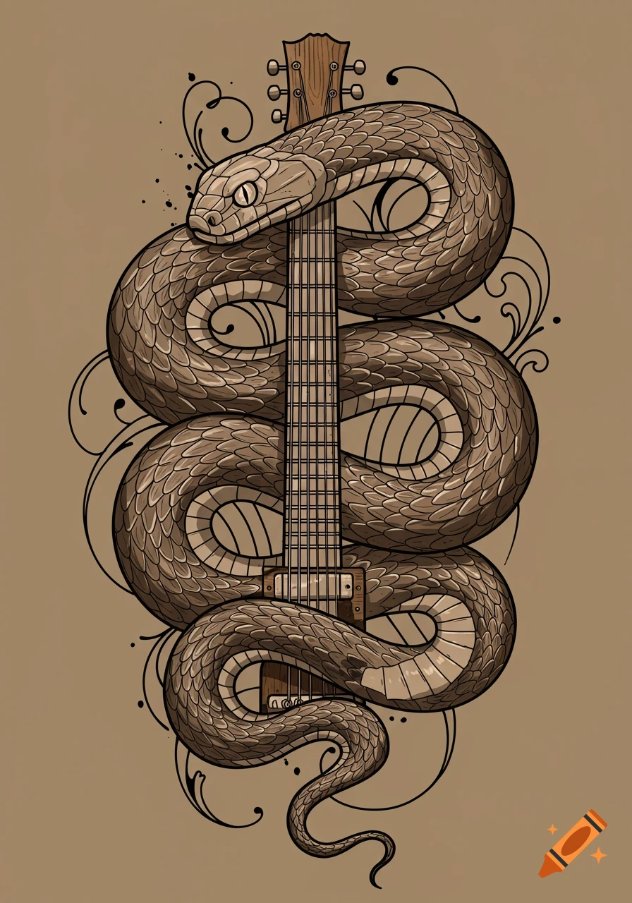 Stylized illustration of a brown snake wrapped around a guitar neck, resembling a tattoo design on a beige background.