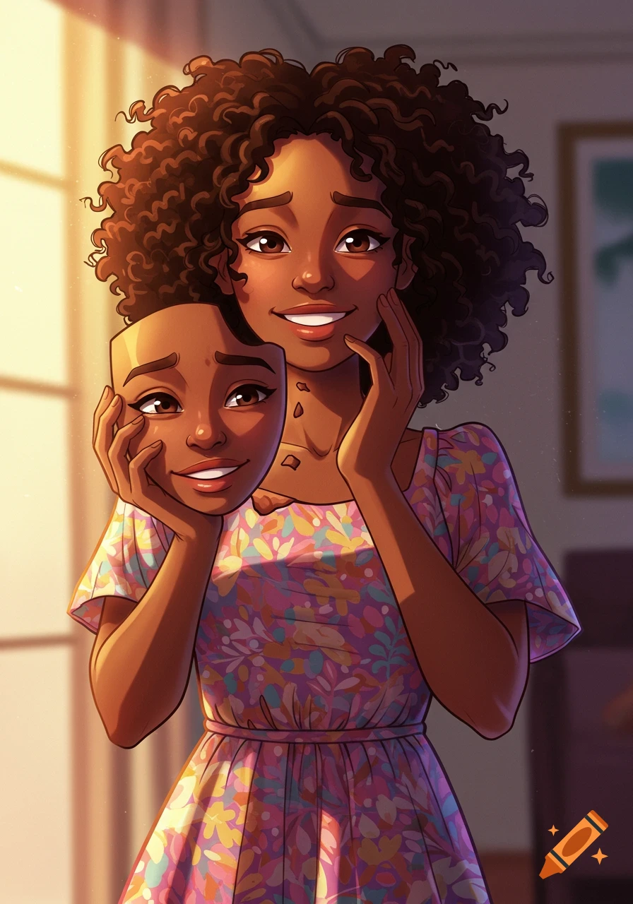 A young Black woman with curly hair smiles while holding a mask of a smiling face, revealing a slightly sadder expression behind it, in an animated style.